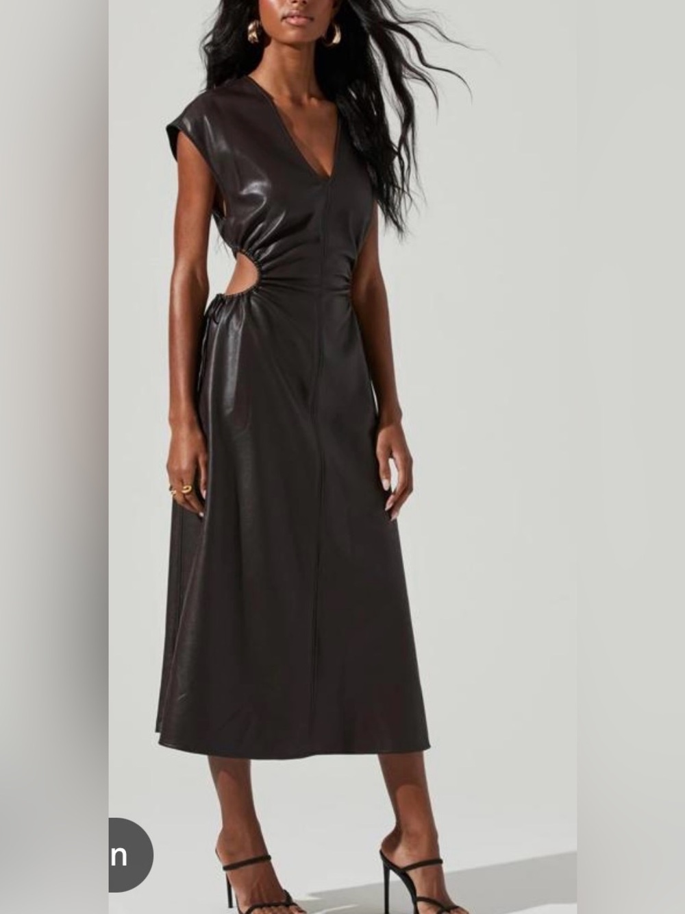 ASTR V-Neck Brown Faux-Leather Cutout Midi Dress
